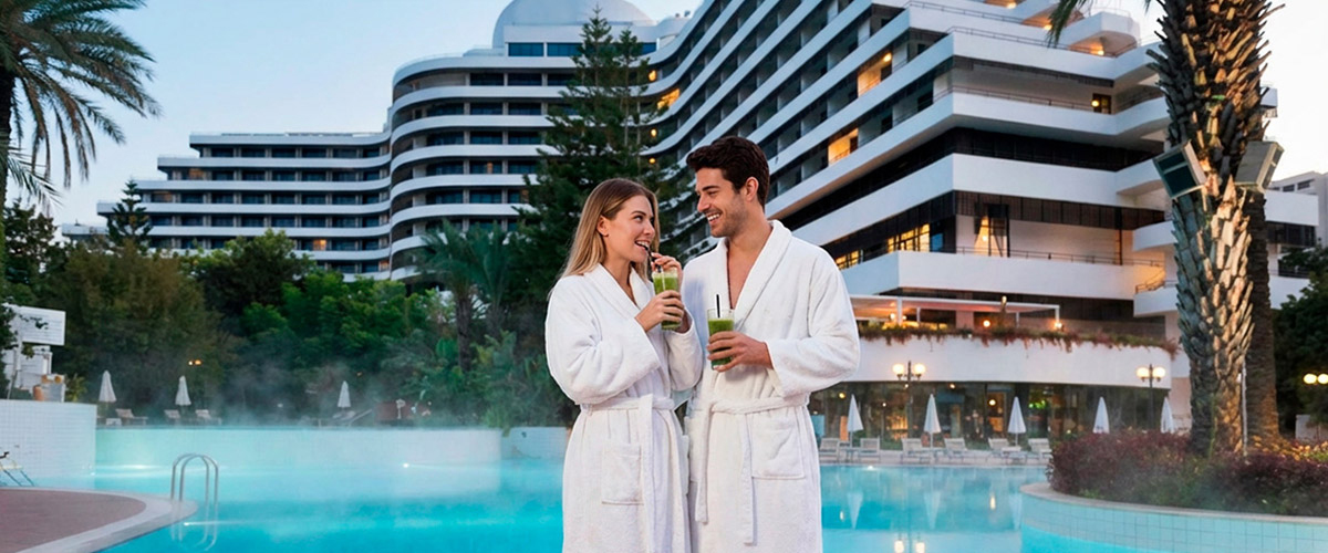 Pärchen im Bademantel genießt grüne Smoothies am Pool vor dem Medworld Gebäude.